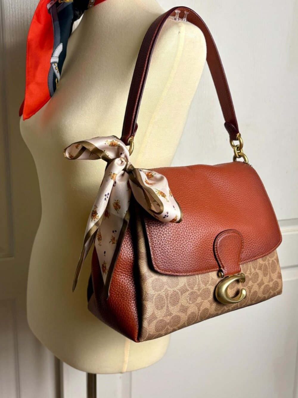 Coach May Bag, Rust in Signature Coated Canvas, Pebble Leather Trim, Scarf